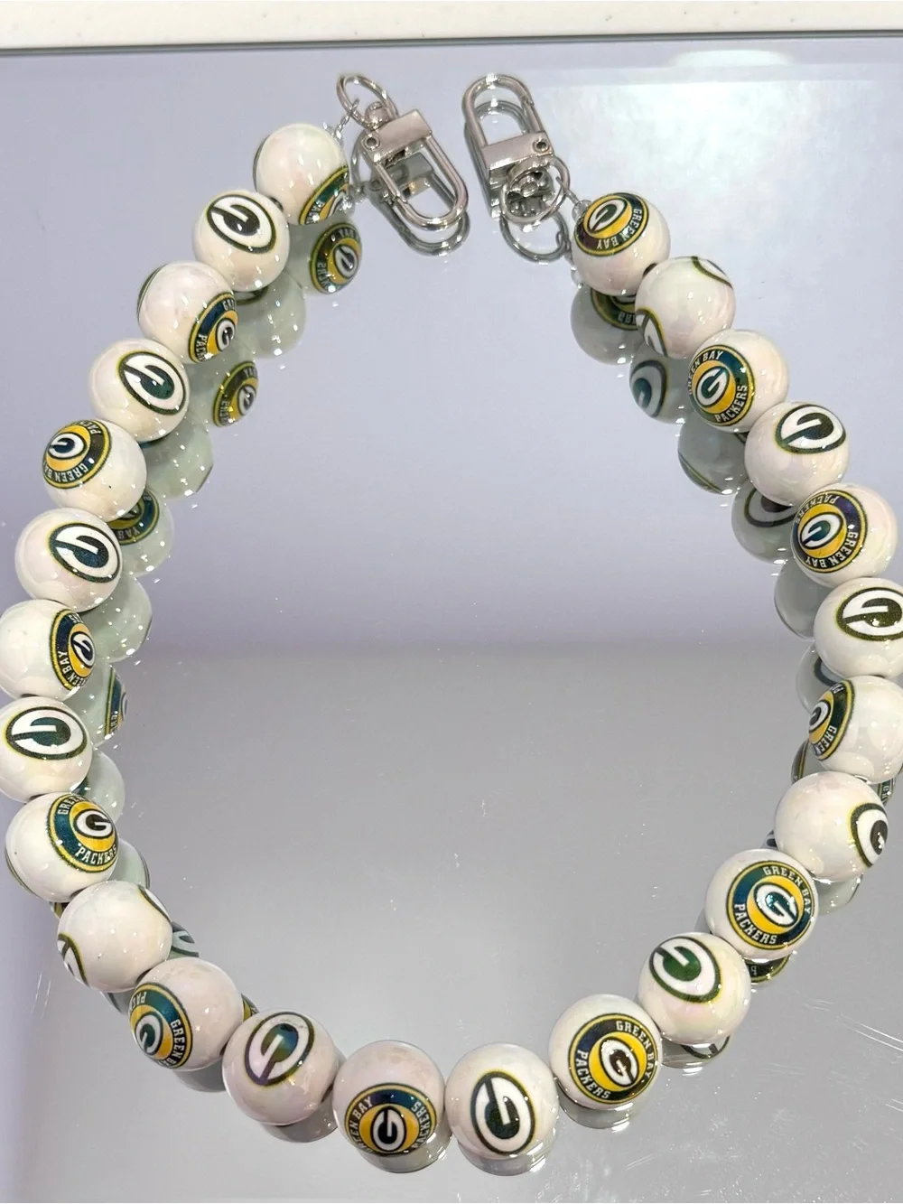 New White Beaded Bag Chain 18 inches with Team Logo
